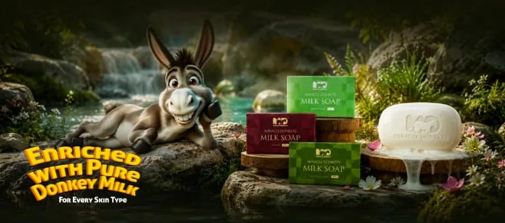 Campaign artwork: enriched with pure donkey milk, for every skin type